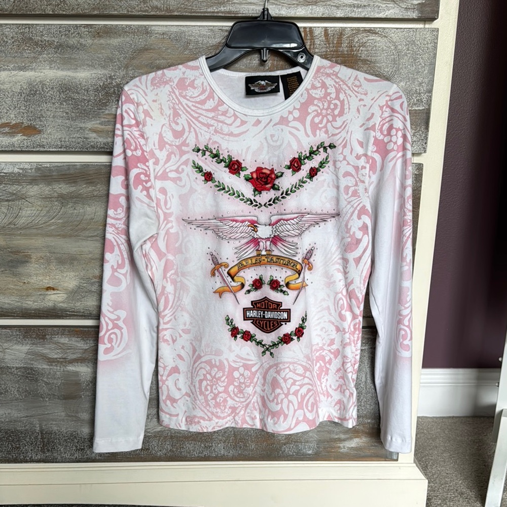 Harley-Davidson Pink and White Long Sleeve Shirt